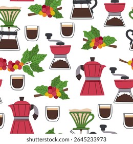 Coffee making accessories seamless cartoon pattern. Geyser coffee maker, pour-over, hand coffee grinder, espresso glass and branch with berries. Seamless background.