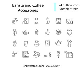 Coffee making appliance outline icons set. Apron, scale, measuring cup. Coffee sacs. Customizable linear contour symbols collection. Editable stroke. Isolated vector stock illustration