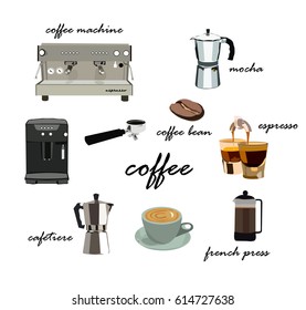 coffee making cafe shop elements.machine,mocha,cafetiere, handle,bean, french press.morning breakfast.collection set.beautiful realistic cute.bright and happy.brewing drink equipment.