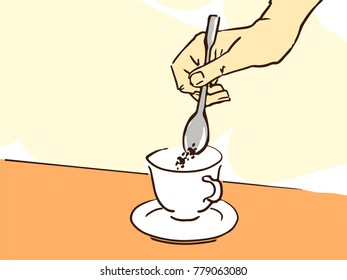 Coffee Making Concept. Cartoon Hand Pours Instant Coffee From a Spoon in a Coffee Cup. Color Vector Sketch in Pastel Colors. 