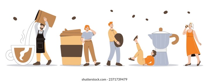 Coffee making concept. Set of vector people drinking cappuccino or latte, flat style. Cartoon men and women coffee lovers.