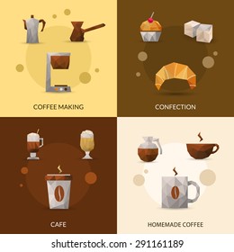 Coffee making and confectionery polygonal icon set isolated vector illustration