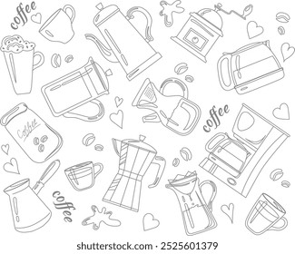 Coffee making doodle pattern. Hot drink illustration. Vector illustration