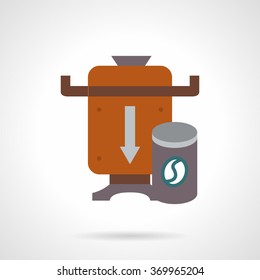 Coffee making equipment and accessories. Coffee beans grinder or mill and jar with grains. Vector icon flat color style. Web design element for site, mobile and business.