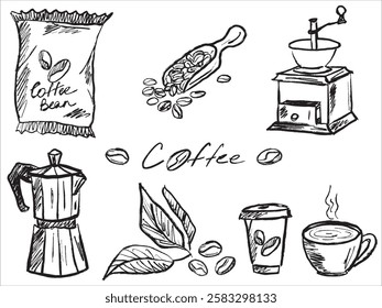 Coffee making equipment. Bag with coffee beans, scoop, retro grinder, hot coffee pot, disposable take and go cup of coffee. Hand drawn brush stroke vector sketch illustration in vintage line art