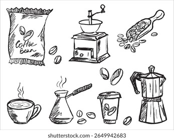 Equipamento para café. Bolsa com grãos de café, colher, moedor retro, cafeteira quente, tomar descartável e ir xícara de café. Ilustração de esboço de vetor de traçado de pincel desenhado à mão em arte de linhas vintage
