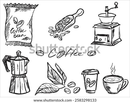 Coffee making equipment. Bag with coffee beans, scoop, retro grinder, hot coffee pot, disposable take and go cup of coffee. Hand drawn brush stroke vector sketch illustration in vintage line art