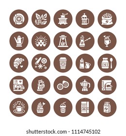 Coffee making equipment flat glyph icons. Elements - moka pot french press, grinder, espresso, vending, plant, croissant. Restaurant, shop pictogram. Solid silhouette pixel perfect 64x64.