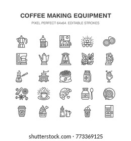 Coffee making equipment flat line icons. Elements - moka pot, french press, grinder, espresso, vending, plant. Linear restaurant, shop pictogram with editable stroke. Pixel perfect 64x64.