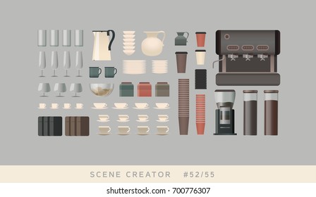 Coffee Making Equipment. Isolated Vector Objects. Scene Creator Set.