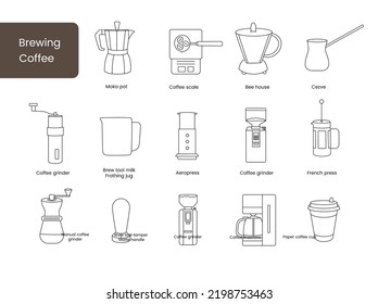 Coffee making equipment, linray vector icons.