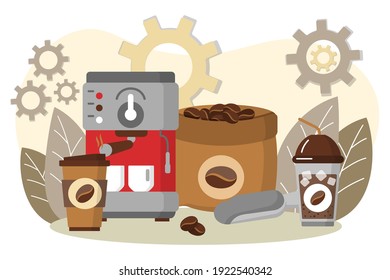 Coffee making equipment, coffee machine and cups. Espresso making machine and takeaway cups. Energetic tasty beverage concept. Coffeeshop, cafe, restaurant design flat vector illustration