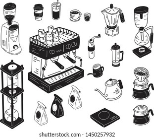 coffee making equipment machine, grinder and dripper-illustration