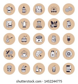 Coffee making equipment vector flat line icons. Tools - moka pot, french press, grinder, espresso, vending, plant. Linear restaurant, shop pictograms for menu.