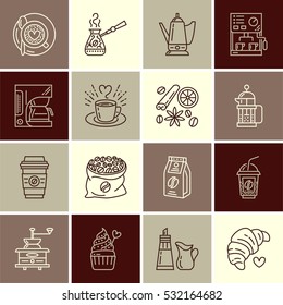Coffee making equipment vector line icons. Elements - moka pot, french press, grinder, espresso, cup, beans, croissant. Linear pictogram with editable stroke for restaurant menu.