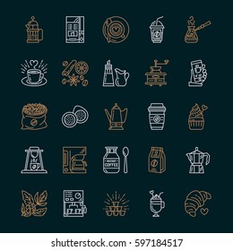 Coffee making equipment vector line icons. Tools - moka pot, french press, coffee grinder, espresso, vending, plant. Linear restaurant, shop pictogram with editable stroke for menu.