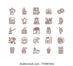 Coffee making equipment vector line icons. Tools - moka pot, french press, grinder, espresso, vending, plant. Linear restaurant, shop pictogram with editable stroke for menu. Pixel perfect 64x64.