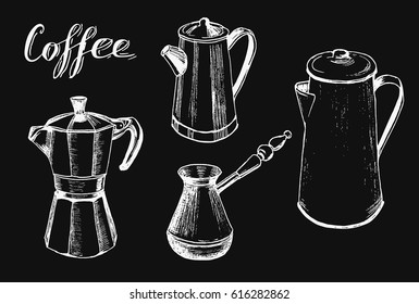 Coffee making facilities sketch on black background. Moka and old style vintage pot, turkish cezve
