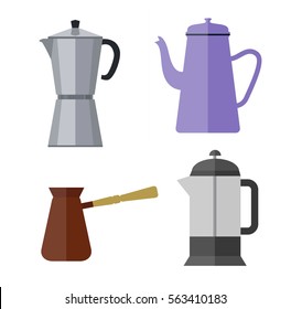 Coffee making facility color flat icons. Moka and old style vintage pot, french press, turkish cezve
