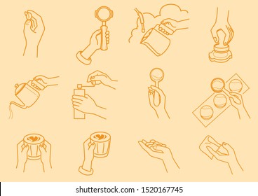 coffee making with hand illustration with grinding coffee beans,cuppping taste,tamping,milk streming,pouring,bean selecting and serving vector illustration