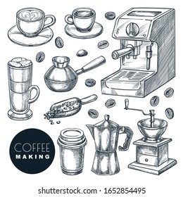 Coffee making icons set. Vector hand drawn sketch illustration. Cup with hot drinks, espresso, cappuccino, latte, isolated on white background. Cafe menu, vintage labels or packaging design elements