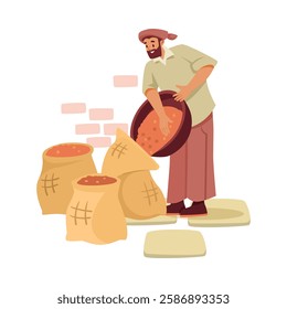 Coffee Making Industry with Man Engaged in Production Process Vector Illustration