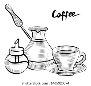 Coffee making ingredients and tools vector, isolated cezve and sugar container, cup with plate. Turkish pot for brewing caffeine beverages drinks sketch