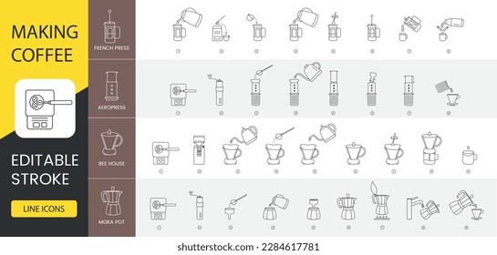 Coffee making instructions, line icon set in vector, illustrations include french press and aerpress, bee house and moka pot. Editable stroke.