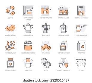 Coffee making line icon set. Drip bag, moka, pod, capsule, arabian, kettle, french press, bean minimal vector illustration. Simple outline sign for coffeemaker. Orange Color, Editable Stroke