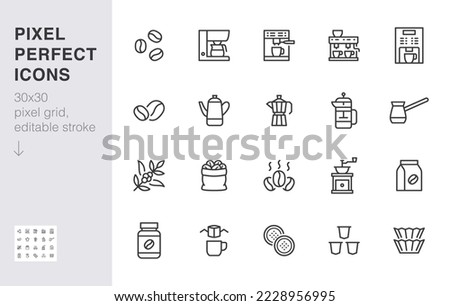 Coffee making line icon set. Drip bag, moka, pod, capsule, arabian, kettle, french press, bean minimal vector illustration. Simple outline sign for coffeemaker. 30x30 Pixel Perfect, Editable Stroke