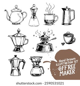 Coffee making line illustration set. Drip bag, moka, pod, capsule, arabian, kettle, french press, bean, hand drawn vector illustration.