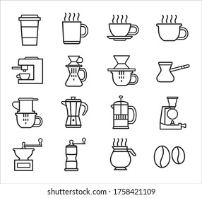 coffee making method vector icon logo design template set, coffee maker shop store icon in outline style