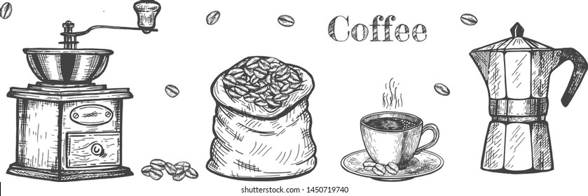 Coffee making objects set. Grinder, bag, beans, cup, moka pot coffee maker. Vintage hand drawn engraving etching style.