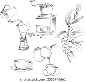 
Coffee making objects set. Grinder, bag, beans, cup, moka pot coffee maker. Coffee set sketch. beans and coffee tree illustration