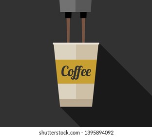 Coffee making with paper cup. Flat illustration of coffee paper cup with long shadow.