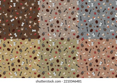 Coffee making pattern. Coffee beans. Geyser coffee machine. Cup. Coffee grinder. Filter. Vector graphics