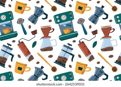 Coffee making pattern with espresso machine, pour over set, moka pot, grinder, mugs vector illustrations. Flat cartoon elements. Home brewing, barista tools, background for coffee designs