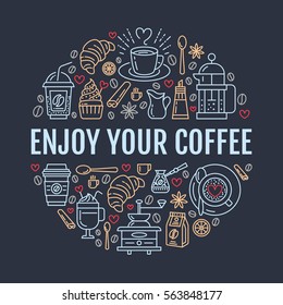 Coffee making poster template. Brewing vector line icon, circle illustration for menu. Elements - coffeemaker, french press, grinder, espresso, croissant, cupcake