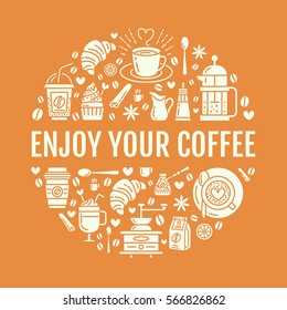 Coffee making poster template. Brewing vector line icon, circle illustration for menu. Elements - coffeemaker, french press, coffee grinder, espresso, croissant, cupcake
