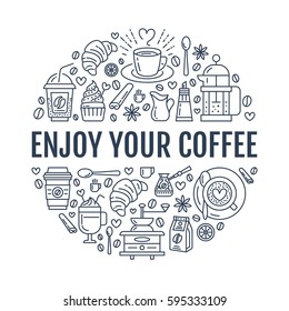 Coffee making poster template. Brewing vector line icon, circle illustration for menu. Elements - coffeemaker, french press, coffee grinder, espresso, croissant, cupcake.