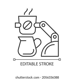 Coffee making robot linear icon. Robotic barista. Automated drinks brewing. Self-contained kiosk. Thin line customizable illustration. Contour symbol. Vector isolated outline drawing. Editable stroke