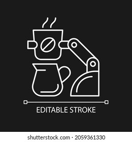 Coffee making robot white linear icon for dark theme. Robotic barista. Automated drinks brewing. Thin line customizable illustration. Isolated vector contour symbol for night mode. Editable stroke