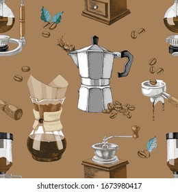 Coffee making seamless pattern. Colorful background with hand drawn elements. Vector illustration in retro style.