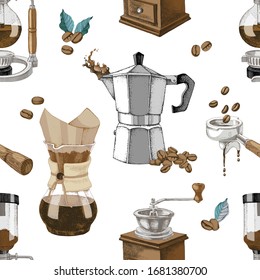 Diseño sin fisuras del café. Fondo colorido con elementos dibujados a mano. Ilustración vectorial en estilo retro.