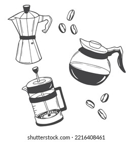 Coffee and coffee making set, coffee beans sketch. doodle style