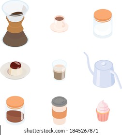 Coffee making set with cupcake. Isometric vector illustration in flat design.