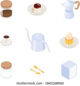 Coffee making set with cupcake. Isometric vector illustration in flat design.