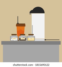 The Coffee making set and  electric  kettle on the table. 