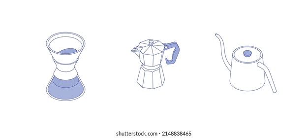 Set de café. Isometric vectorial ilustración en diseño plano. Contorno, estilo lineal, arte de línea. 