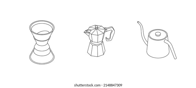 Coffee making set. Isometric vector illustration in flat design. Outline, linear style, line art. 